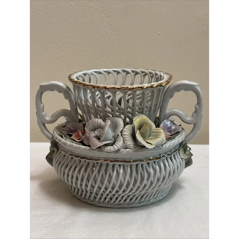 Vintage Porfin Cluj Napoca Reticulated Porcelain Basket Vase Romania Iris Flower